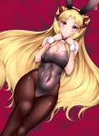  1girl animal_ears blonde_hair blush breasts bunny_girl bunnysuit cleavage closed_mouth crimecrime detached_collar detached_sleeves ereshkigal_(fate/grand_order) fate/grand_order fate_(series) looking_at_viewer lying medium_breasts on_back pantyhose rabbit_ears red_eyes ribbon smile twintails 