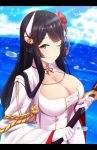  1girl azur_lane bangs black_hair breasts cleavage_cutout clouds commentary_request day flower gloves hair_ornament hiei_(azur_lane) highres holding holding_sword holding_weapon horns kagiyama_(gen&#039;ei_no_hasha) katana large_breasts long_hair looking_at_viewer ocean one_eye_closed outdoors red_flower red_rose rose sky solo sunlight sword water weapon white_gloves wide_sleeves yellow_eyes 