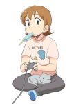  1girl aioi_yuuko blush brown_eyes brown_hair cat closed_mouth controller eyebrows_visible_through_hair food full_body game_controller looking_at_viewer nichijou pants popsicle shirt short_hair short_sleeves simple_background sitting solo sweatpants t-shirt tsubobot white_background 