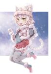  1girl animal_ear_fluff animal_ears bangs beanie blue_background blush boots capelet cat_(kemono_friends) cat_ears cat_tail drawstring extra_ears eyebrows_visible_through_hair fang fangs fur-trimmed_capelet fur-trimmed_skirt fur_collar fur_trim gloves green_eyes green_legwear hat heart heart_print highres jumping kemono_friends kolshica long_sleeves multicolored multicolored_background multicolored_footwear open_mouth outdoors plaid plaid_skirt pom_pom_(clothes) red_skirt short_hair skirt solo tail thigh-highs white_background white_gloves white_hair white_hat winter_clothes zettai_ryouiki 