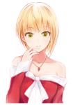  1girl arm_up bangs bare_shoulders blonde_hair bow breasts christmas christmas_dress cleavage dress earrings eyebrows_visible_through_hair fur_trim hand_on_own_chin idolmaster idolmaster_cinderella_girls jewelry light_background looking_at_viewer medium_breasts miyamoto_frederica nannacy7 necklace off_shoulder red_dress short_hair solo strapless strapless_dress white_background yellow_eyes 