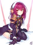  1girl blush bodysuit capelet elbow_gloves fate/grand_order fate_(series) flat_chest fur_trim gae_bolg garter_straps gloves hair_between_eyes hair_ornament hat highres long_hair looking_at_viewer okitakung pauldrons purple_hair red_eyes santa_hat scathach_(fate)_(all) scathach_(fate/grand_order) sitting snow solo sparkle star star_hair_ornament thigh-highs white_background younger 