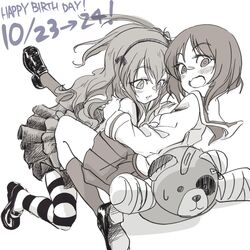  2girls bandage bandaid bangs black_footwear black_ribbon blouse blush boko_(girls_und_panzer) casual collared_shirt commentary dated english eyebrows_visible_through_hair falling frown girls_und_panzer greyscale hair_ribbon happy_birthday high-waist_skirt layered_skirt loafers long_hair looking_at_viewer looking_back miniskirt mituki_(mitukiiro) monochrome multiple_girls neckerchief nishizumi_miho ooarai_school_uniform open_mouth pleated_skirt ribbon school_uniform serafuku shimada_arisu shirt shoes short_hair side_ponytail skirt socks striped striped_legwear stuffed_animal stuffed_toy suspender_skirt suspenders sweatdrop teddy_bear thigh-highs wavy_mouth 