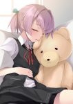  1girl black_shorts black_skirt black_vest blush closed_eyes kantai_collection mofu_namako open_mouth pink_hair pleated_skirt ponytail red_ribbon ribbon shiranui_(kantai_collection) shirt short_hair short_sleeves shorts shorts_under_skirt skirt sleeping solo stuffed_animal stuffed_toy teddy_bear vest white_shirt 