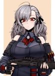  1girl ahoge bare_shoulders black_gloves breasts bullet collared_shirt curly_hair earpiece fingerless_gloves girls_frontline gloves grey_hair gun holding holding_gun holding_weapon j.k. large_breasts long_hair looking_at_viewer red_eyes shirt shotgun solo spas-12 spas-12_(girls_frontline) weapon 