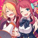  2girls ahoge blonde_hair blue_eyes bow earrings hair_ornament hair_over_one_eye highres holding_megaphone jacket jewelry letterman_jacket long_hair looking_at_viewer megaphone minamoto_sakura multicolored_hair multiple_girls nikaidou_saki open_mouth polka_dot polka_dot_bow redhead school_uniform smile streaked_hair stud_earrings teeth underbust wozora03 zombie_land_saga 