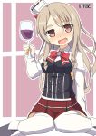  1girl alcohol artist_logo black_footwear boots bow bowtie brown_eyes corset cup drinking_glass hair_between_eyes hat highres holding holding_cup kantai_collection light_brown_hair long_hair long_sleeves mini_hat miniskirt open_mouth pepatiku pola_(kantai_collection) red_neckwear red_skirt shirt skirt smile solo thick_eyebrows thigh-highs wavy_hair white_legwear white_shirt wine wine_glass 