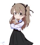 1girl bandage_over_one_eye bangs black_bow black_hairband black_skirt blush boko_(girls_und_panzer) bow brown_eyes brown_hair closed_mouth collared_shirt commentary_request eyebrows_visible_through_hair girls_und_panzer hair_between_eyes hair_bow hairband high-waist_skirt highres kujou_karasuma long_hair long_sleeves object_hug shimada_arisu shirt signature simple_background skirt sleeves_past_fingers sleeves_past_wrists solo stuffed_animal stuffed_toy suspender_skirt suspenders teddy_bear very_long_hair white_background white_shirt 
