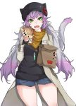  1girl absurdres animal_ears animal_hat atalanta_(alter)_(fate) atalanta_(fate) bag bangs black_hat black_nails black_sweater blue_shorts brand_name_imitation breasts brown_coat cabbie_hat cat_ears cat_girl cat_hat cat_tail coat eyebrows_visible_through_hair fangs fate/grand_order fate_(series) food gradient_hair green_eyes hair_between_eyes hamburger hat head_tilt highres holding holding_food kirishina_(raindrop-050928) long_sleeves multicolored multicolored_hair multicolored_nails nail_polish open_clothes open_coat open_mouth paper_bag purple_hair purple_nails short_shorts shorts silver_hair simple_background small_breasts solo sweater tail tail_raised white_background 