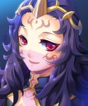  1girl collarbone facial_mark fire_emblem fire_emblem_if headpiece kusakabe_tokuya long_hair nintendo nyx_(fire_emblem_if) portrait purple_hair red_eyes smile solo 