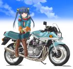  1girl alternate_hairstyle bakuon!! bell blue_hair boots breath coffee_mug commentary cup ground_vehicle hair_bell hair_ornament hal-py jacket motor_vehicle motorcycle mug scarf shima_rin shoshinsha_mark sitting sky solo steam suzuki_(company) suzuki_katana suzunoki_rin twintails violet_eyes yurucamp 