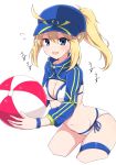  1girl :d arched_back artoria_pendragon_(all) ball bangs baseball_cap beachball bikini blonde_hair blue_eyes blue_hat blush breasts chawan_(yultutari) cleavage commentary_request cropped_legs eyebrows_visible_through_hair fate/grand_order fate_(series) flying_sweatdrops hair_between_eyes hair_through_headwear hat high_ponytail highres holding holding_ball leaning_forward long_hair medium_breasts mysterious_heroine_xx_(foreigner) open_mouth ponytail side-tie_bikini sidelocks simple_background skindentation smile solo swimsuit thigh_strap white_background white_bikini 