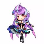  1girl :d black_legwear breasts chibi choker cleavage full_body highlights highres holding holding_microphone long_hair looking_at_viewer macross macross_delta medium_breasts microphone midriff mikumo_guynemer mizukiyan multicolored_hair navel open_mouth purple_hair red_eyes shiny shiny_hair simple_background smile solo standing stomach thigh-highs tied_hair very_long_hair white_background 