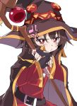  1girl anger_vein black_gloves blush brown_hair cape eyebrows_visible_through_hair fingerless_gloves gloves hat holding holding_staff ixy kono_subarashii_sekai_ni_shukufuku_wo! looking_at_viewer megumin pout red_eyes short_hair simple_background solo staff tears white_background witch_hat 