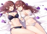  2girls bangs bed_sheet black_bra black_panties blush bra breasts brown_hair caress choker cleavage commentary commentary_request eyebrows_visible_through_hair flower from_above front-tie_top idolmaster idolmaster_shiny_colors long_hair long_sleeves looking_at_another lying medium_breasts multiple_girls navel no_pants on_back oosaki_amana oosaki_tenka open_clothes open_mouth open_shirt panties purple_flower purple_rose rose shiratama_akane shirt siblings side-tie_panties sisters smile twins twitter_username underwear white_bra white_panties white_shirt yellow_eyes 