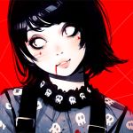  1girl black_hair blood halloween highres horror_(theme) ilya_kuvshinov lips original red_eyes short_hair skull_print solo upper_body 