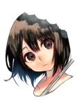  1girl bangs brown_eyes brown_hair closed_mouth eyebrows_visible_through_hair head_tilt highres looking_at_viewer mozu_1oo original portrait short_hair simple_background solo white_background 