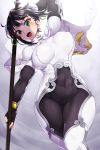  1girl black_hair blush bodysuit breasts bun_cover capelet covered_navel covered_nipples double_bun eyeshadow fate/grand_order fate_(series) fingerless_gloves gloves green_eyes hair_ribbon highres impossible_clothes makeup onsoku_maru open_mouth polearm qin_liangyu_(fate) ribbon solo weapon 