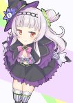  100ton250 1girl breasts capelet cleavage commentary_request gloves hair_bun hair_ornament hat highres hololive lavender_hair long_hair looking_at_viewer looking_up murasaki_shion navel red_eyes ribbon sitting smile solo thigh-highs virtual_youtuber white_background witch_hat 