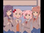  4girls 80s :d :t arms_behind_back blue_eyes blue_skirt bow brown_hair chocomiru commentary cowboy_shot crossed_arms doki_doki_literature_club english_commentary eyebrows_visible_through_hair eyes_visible_through_hair green_eyes grey_jacket hair_between_eyes hair_bow hair_ornament hair_ribbon hairclip hands_up jacket long_hair looking_at_viewer making_of monika_(doki_doki_literature_club) multiple_girls natsuki_(doki_doki_literature_club) oldschool open_mouth orange_vest pillarboxed pink_eyes pink_hair ponytail pout purple_hair red_bow red_ribbon ribbon sayori_(doki_doki_literature_club) school_uniform shirt short_hair skirt smile two_side_up violet_eyes white_ribbon white_shirt yuri_(doki_doki_literature_club) 