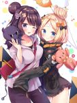  2girls abigail_williams_(fate/grand_order) bag balloon bandaid_on_forehead bangs belt black_bow black_jacket blonde_hair blue_eyes blush bow breasts closed_mouth collarbone crossed_bandaids fate/grand_order fate_(series) forehead hair_bow hair_bun hair_ornament hairpin heroic_spirit_traveling_outfit high_collar highres hips hood hoodie jacket katsushika_hokusai_(fate/grand_order) licking_lips long_hair long_sleeves looking_at_viewer masayo_(gin_no_ame) medium_breasts multiple_girls octopus one_eye_closed orange_bow pants parted_bangs pencil polka_dot polka_dot_bow purple_hair purple_pants short_hair shoulder_bag sleeves_past_fingers sleeves_past_wrists stuffed_animal stuffed_toy teddy_bear thighs tokitarou_(fate/grand_order) tongue tongue_out violet_eyes white_jacket zipper_pull_tab 
