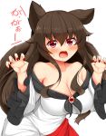  1girl animal_ears bare_shoulders breasts brooch brown_hair claw_pose cleavage commentary_request dress fingernails highres imaizumi_kagerou jewelry large_breasts leaning_forward multicolored multicolored_clothes multicolored_dress nail_polish off-shoulder_dress off_shoulder red_dress red_eyes red_nails sharp_fingernails simple_background solo tokoya_(ex-hetare) touhou translated white_background white_dress wolf_ears 