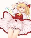  1girl :d arm_up ascot bangs blonde_hair bloomers bow breasts commentary_request cowboy_shot crystal dutch_angle eyebrows_visible_through_hair fangs flandre_scarlet frilled_shirt_collar frills from_below grey_background hair_between_eyes hair_tie hand_on_headwear hat hat_ribbon highres long_hair looking_at_viewer miyo_(ranthath) mob_cap one_side_up open_mouth petticoat puffy_short_sleeves puffy_sleeves red_bow red_eyes red_ribbon red_skirt red_vest ribbon shirt short_sleeves simple_background skirt skirt_set small_breasts smile solo standing thighs touhou underwear vest white_bloomers white_hat white_shirt wings wristband yellow_neckwear 