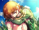  1girl blonde_hair blue_sky brown_eyes clouds crossed_arms day eyebrows_visible_through_hair grass kuga_hotaru long_sleeves looking_at_viewer outdoors persona persona_4 satonaka_chie short_hair sitting sky solo sweater 