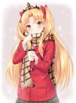  1girl absurdres bangs blonde_hair blush bow brown_scarf closed_mouth coat coffee_cup commentary_request cup disposable_cup ereshkigal_(fate/grand_order) eyebrows_visible_through_hair fate/grand_order fate_(series) fingernails fringe_trim hair_between_eyes hair_bow hands_up head_tilt highres holding holding_cup long_sleeves looking_at_viewer mentai_mayo parted_bangs plaid plaid_scarf red_bow red_coat scarf sleeves_past_wrists smile solo tiara two_side_up upper_body 