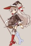  1girl adapted_costume amatsukaze_(kantai_collection) boots bottle bracelet brown_dress brown_eyes choker dress eyebrows_visible_through_hair frilled_boots frilled_hat frills full_body garter_straps gloves grey_hair hair_tubes hat high_heel_boots high_heels jewelry kantai_collection lifebuoy long_hair long_sleeves looking_at_viewer monaka_ooji potion red_legwear rensouhou-kun sailor_dress simple_background single_glove sleeve_cuffs solo staff thigh-highs thigh_boots two_side_up very_long_hair walking white_background white_gloves witch_hat 