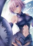  1girl armor armored_leotard artist_name ass_visible_through_thighs backlighting bangs bare_shoulders black_armor black_leotard breasts commentary_request cowboy_shot elbow_gloves eyebrows_visible_through_hair fate/grand_order fate_(series) faulds gloves glowing groin_tendon hagino_kouta hair_over_one_eye halterneck highres hips holding holding_shield impossible_clothes impossible_leotard large_breasts lavender_hair legs_apart leotard looking_at_viewer mash_kyrielight navel navel_cutout parted_lips revision shield short_hair skin_tight solo standing straight_hair thigh_strap thighs turtleneck violet_eyes 