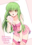  1girl blush breasts c.c. camisole cleavage code_geass creayus doujinshi eyebrows_visible_through_hair green_hair long_hair looking_at_viewer medium_breasts open_mouth simple_background solo twitter_username underwear yellow_eyes 