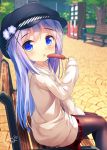  1girl :o bangs bench between_legs black_hat blue_eyes blue_hair blurry blurry_background blush brown_legwear cabbie_hat chinomaron commentary_request day depth_of_field eyebrows_visible_through_hair flower food gochuumon_wa_usagi_desu_ka? hair_between_eyes hair_ornament hand_between_legs hat hat_flower head_tilt highres holding holding_food hood hood_down hoodie kafuu_chino long_hair long_sleeves looking_at_viewer looking_to_the_side on_bench outdoors pantyhose park_bench parted_lips pleated_skirt purple_flower red_skirt sausage signature sitting sitting_on_bench skirt sleeves_past_wrists solo twitter_username very_long_hair white_hoodie x_hair_ornament 