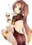  1girl ahoge ass backless_outfit boots_removed brown_eyes brown_hair china_dress chinese_clothes dress eating facial_mark fate/grand_order fate_(series) fishnet_pantyhose fishnets food forehead_mark from_behind ice_cream nezha_(fate/grand_order) pantyhose twintails 
