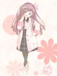  1girl alternate_costume black_legwear blouse brown_hair casual chame_(myyo04) coat dated flower full_body fur-trimmed_boots fur_trim head_tilt kantai_collection kisaragi_(kantai_collection) long_hair long_sleeves looking_at_viewer open_mouth pantyhose pink_coat pleated_skirt ribbon signature skirt smile solo traditional_media twitter_username violet_eyes 