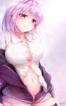  1girl breasts button_gap cleavage collared_shirt e-note eyebrows_visible_through_hair jacket large_breasts lavender_hair long_sleeves navel off_shoulder purple_jacket shinjou_akane shirt sleeves_past_wrists solo ssss.gridman white_shirt zipper_pull_tab 