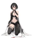  1girl akai2930 assassin asymmetrical_legwear bare_shoulders black_hair blood blood_on_face bloody_weapon breasts cape center_opening dagger detached_sleeves finger_to_mouth full_body gloves highres index_finger_raised kneeling large_breasts looking_at_viewer midriff navel original parted_lips planted_weapon red_eyes shadow short_hair single_glove single_sleeve single_thighhigh solo thigh-highs thigh_strap weapon weapon_request white_background 