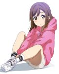  1girl arms_between_legs bangs blush brown_eyes brown_hair hand_on_own_leg highres hood hood_down icehotmilktea knees_up kunikida_hanamaru long_hair long_sleeves looking_at_viewer love_live! love_live!_sunshine!! parted_lips pink_hoodie shoes sitting skirt sneakers socks solo white_background white_footwear white_legwear white_skirt 