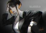  1girl black_hair black_jacket blonde_hair brown_eyes chromatic_aberration commentary_request earrings eyebrows_visible_through_hair grey_background hand_in_hair jacket jewelry klasse14 kyouya_(mukuro238) lipstick makeup mouth_hold multicolored_hair open_clothes open_jacket red_lipstick shirt short_hair sidelocks signature solo spot_color two-tone_hair unbuttoned unbuttoned_shirt watch watch white_shirt wing_collar 