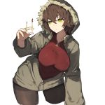 1girl black_legwear breasts brown_hair closed_mouth coat cropped_legs fur_trim green_eyes hair_between_eyes hand_up highres holding hood hood_up lansane large_breasts leaning_forward original pantyhose red_pupils red_shirt shirt signature simple_background solo spore_(lansane) standing white_background 