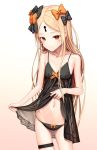  1girl abigail_williams_(fate/grand_order) absurdres babydoll bangs bare_shoulders black_bow black_panties blonde_hair blush bow bow_panties breasts cleavage closed_mouth clothes_lift collarbone fate/grand_order fate_(series) forehead hair_bow highres hips keyhole lingerie long_hair looking_at_viewer navel orange_bow panties parted_bangs polka_dot polka_dot_bow red_eyes sanbe_futoshi small_breasts solo thigh_strap thighs underwear 