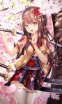  1girl :d ahoge bangs blurry blurry_foreground blush breasts brown_hair brown_shirt cherry_blossoms commentary_request cowboy_shot cup6542 depth_of_field eyebrows_visible_through_hair falling_leaves floral_print flower hair_flower hair_ornament hands_up head_tilt highres holding holding_sword holding_weapon index_finger_raised japanese_clothes katana leaf long_hair looking_at_viewer medium_breasts miniskirt multicolored multicolored_clothes multicolored_skirt obi open_clothes open_mouth open_shirt original pleated_skirt red_flower red_sailor_collar ribbon-trimmed_legwear ribbon_trim sailor_collar sash sheath sheathed shirt short_sleeves sidelocks skirt smile solo standing sword thigh-highs tree undershirt upper_teeth violet_eyes weapon weapon_on_back white_legwear white_shirt zettai_ryouiki 