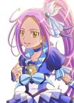  1girl :d aikawa_yousuke blue_neckwear choker collarbone cure_beat earrings hair_ornament high_ponytail jewelry long_hair magical_girl open_mouth precure purple_hair shiny shiny_hair short_sleeves side_ponytail simple_background smile solo suite_precure very_long_hair white_background yellow_eyes 