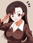  1girl :d asymmetrical_bangs bangs breasts brown_background brown_eyes brown_hair brown_jacket chi-hatan_military_uniform cleavage commentary girls_und_panzer jacket long_hair long_sleeves looking_at_viewer medium_breasts military military_uniform mituki_(mitukiiro) nishi_kinuyo notice_lines open_mouth salute shirt simple_background smile solo uniform upper_body white_shirt 