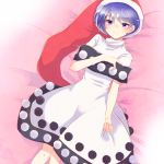  1girl aoi_(annbi) blue_hair commentary doremy_sweet dress hat highres lying nightcap on_back pom_pom_(clothes) red_hat solo touhou violet_eyes white_dress 
