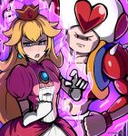  1girl blonde_hair blue_eyes crossover crown dress gloves hat jewelry jojo_no_kimyou_na_bouken long_hair super_mario_bros. muscle nintendo open_mouth parody phiphi-au-thon princess_peach smile solo stand_(jojo) super_mario_bros. super_smash_bros. super_smash_bros._ultimate toad 