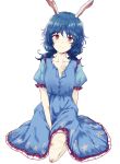  1girl animal_ears bangs blue_dress blue_hair breasts bruise collarbone commentary_request crescent_print dress eyebrows_visible_through_hair frills hair_between_eyes highres injury long_hair looking_at_viewer low_twintails puffy_short_sleeves puffy_sleeves rabbit_ears red_eyes seiran_(touhou) seiza short_sleeves simple_background sitting small_breasts smile solo star star_print thighs touhou twintails uranaishi_(miraura) white_background 
