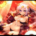  1girl :q bare_shoulders blurry_foreground breasts breasts_apart dark_skin detached_sleeves earrings eyebrows_visible_through_hair genie_(monster_girl_encyclopedia) hair_between_eyes hair_ornament hand_up heart heart-shaped_pupils jewelry lavender_hair letterboxed long_hair looking_at_viewer medium_breasts monster_girl_encyclopedia navel pointy_ears ponytail reclining rnskkn solo star star_hair_ornament stomach symbol-shaped_pupils thick_eyebrows tongue tongue_out uneven_eyes violet_eyes 