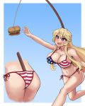 1girl american_flag_bikini ass bikini blonde_hair blue_background blue_eyes breasts chasing cleavage cowboy_shot donburikazoku drooling fishing_rod flag_print food gradient gradient_background hamburger highres inset iowa_(kantai_collection) kantai_collection large_breasts open_mouth running side-tie_bikini smile solo star star-shaped_pupils swimsuit symbol-shaped_pupils