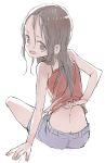  1girl :d absurdres bare_arms bare_shoulders blue_shorts butt_crack camisole commentary_request from_behind grey_eyes grey_hair highres long_hair looking_at_viewer looking_back open_mouth original shirt_lift shorts simple_background sitting sketch smile solo white_background yamamoto_souichirou 